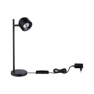 Black metal LED desk lamp with round base and inline switch cable for modern lighting solutions