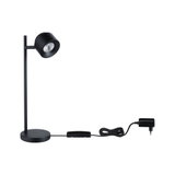 Zwarte metalen LED-bureaulamp met ronde voet en schakelaar aan kabel voor modern lichtontwerp