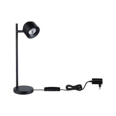 Zwarte metalen LED-bureaulamp met ronde voet en schakelaar aan kabel voor modern lichtontwerp