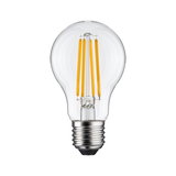 LED-pære med klart glas og gule filamenter, energibesparende lampe til hjemmet