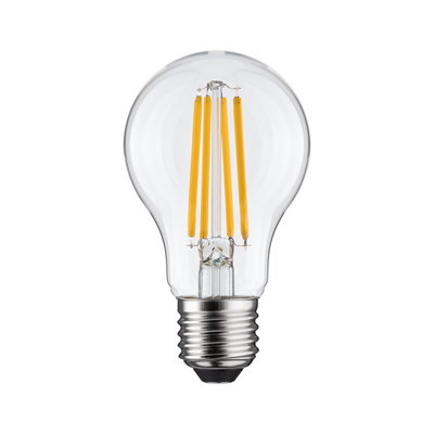 LED-pære med klart glas og gule filamenter, energibesparende lampe til hjemmet