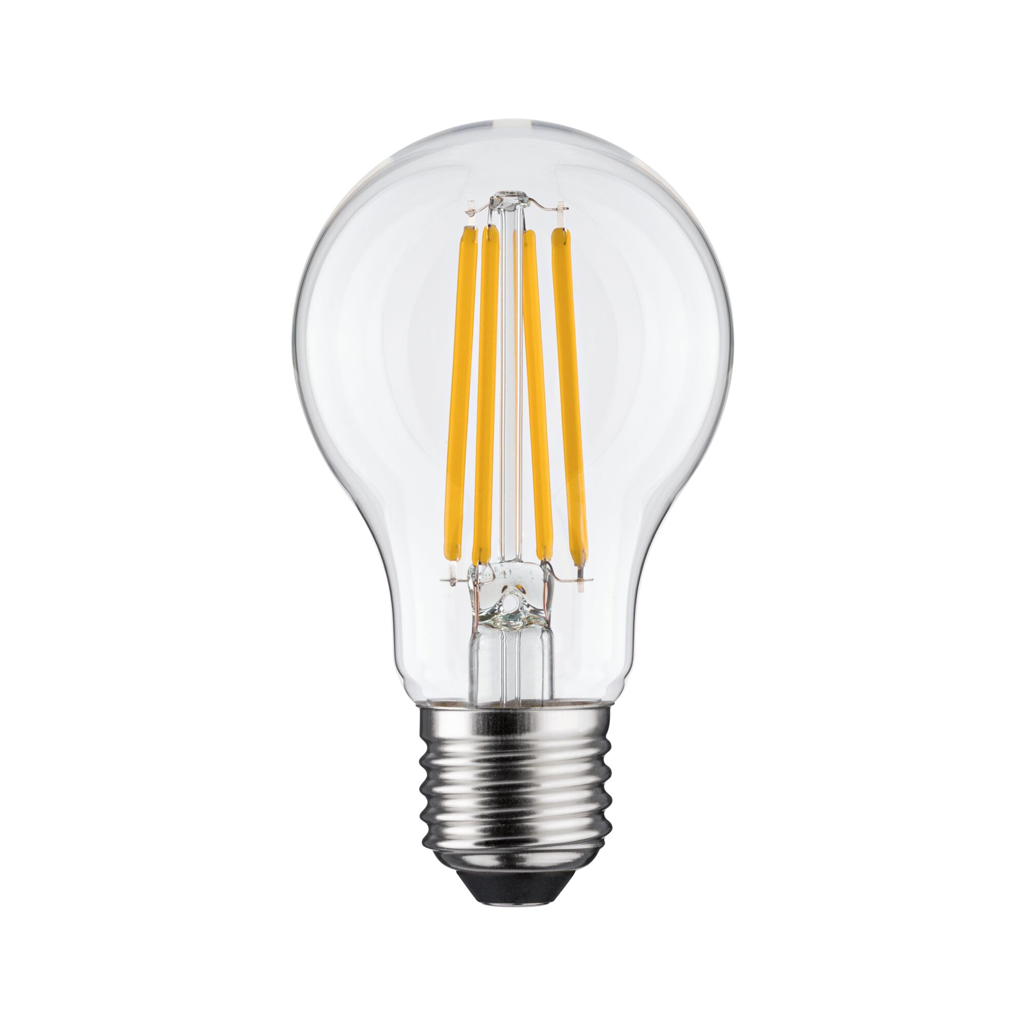 LED-pære med klart glas og gule filamenter, energibesparende lampe til hjemmet