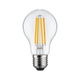 LED-pære med klart glas og gule filamenter, energibesparende lampe til hjemmet