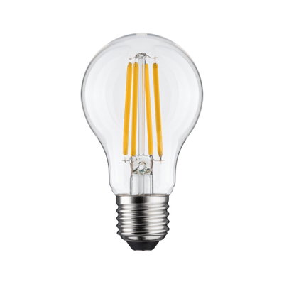 LED-pære med klart glas og gule filamenter, energibesparende lampe til hjemmet