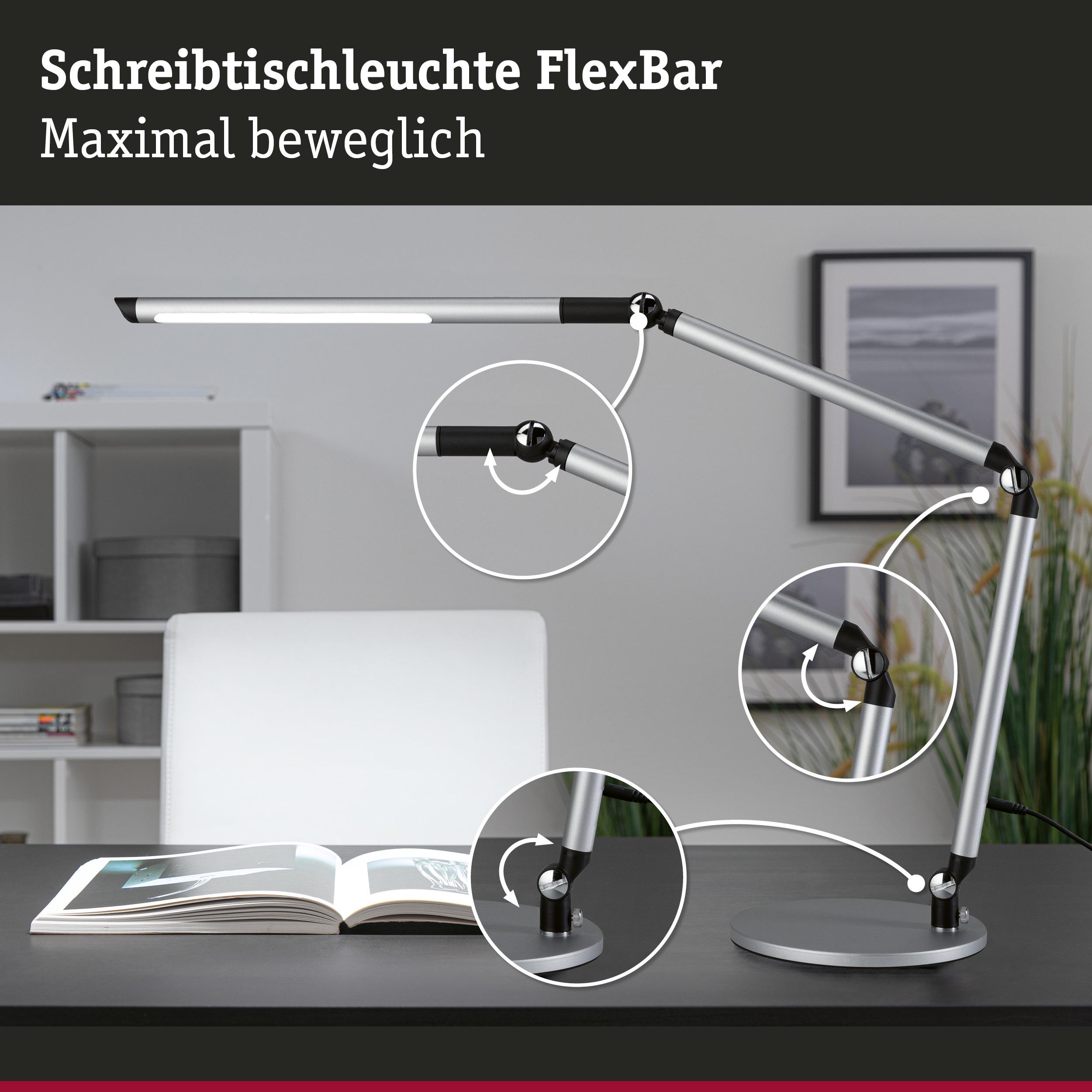 Silberne Schreibtischleuchte FlexBar aus Metall mit flexiblen Gelenken und LED-Licht für Bürobeleuchtung