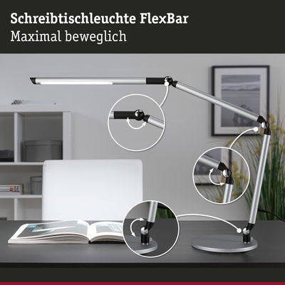 Silberne Schreibtischleuchte FlexBar aus Metall mit flexiblen Gelenken und LED-Licht für Bürobeleuchtung