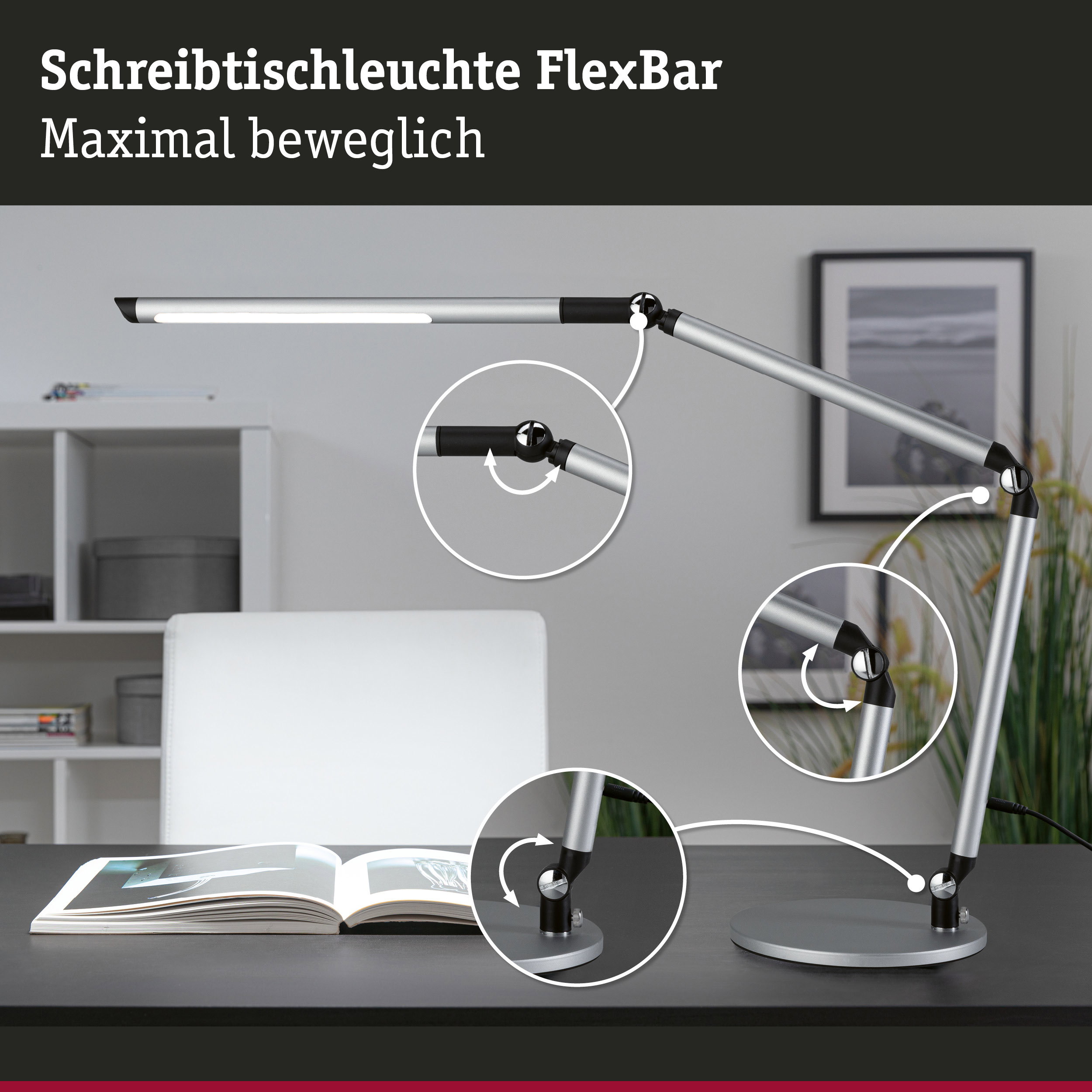 Silberne FlexBar Schreibtischleuchte aus Metall mit verstellbaren Gelenken für optimales Licht am Arbeitsplatz