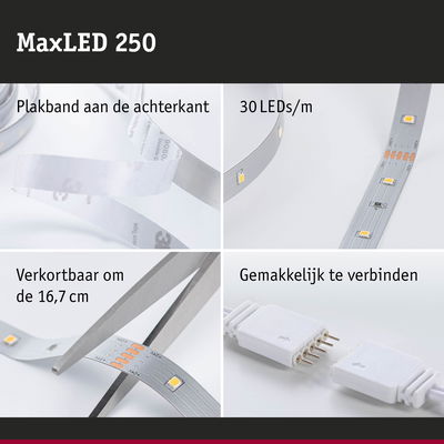 MaxLED 250 LED-strip met plakband, 30 LEDs per meter, knipbaar en eenvoudig te verbinden, zilverkleurig