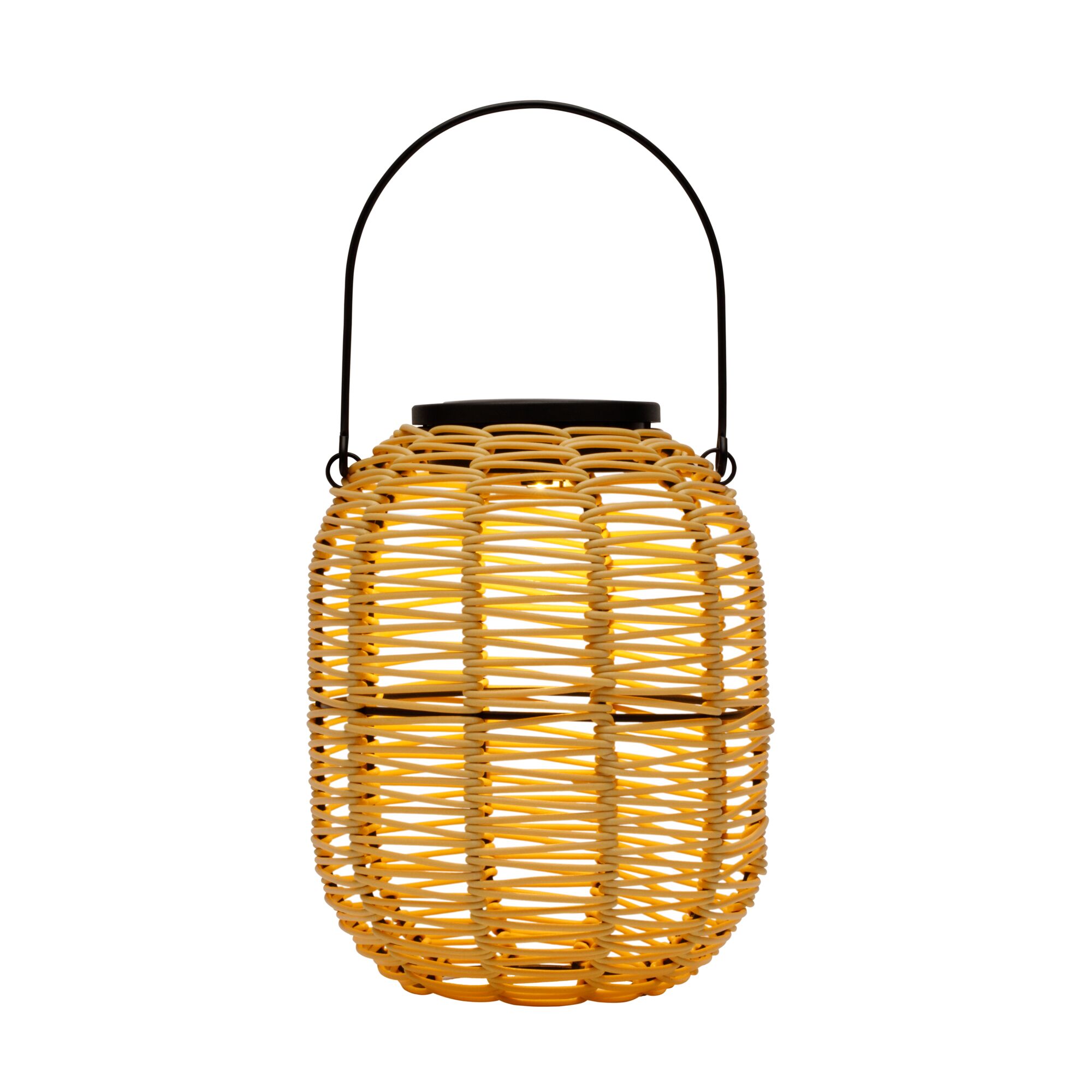 Yellow rattan lantern with black handle and warm light for atmospheric outdoor lighting