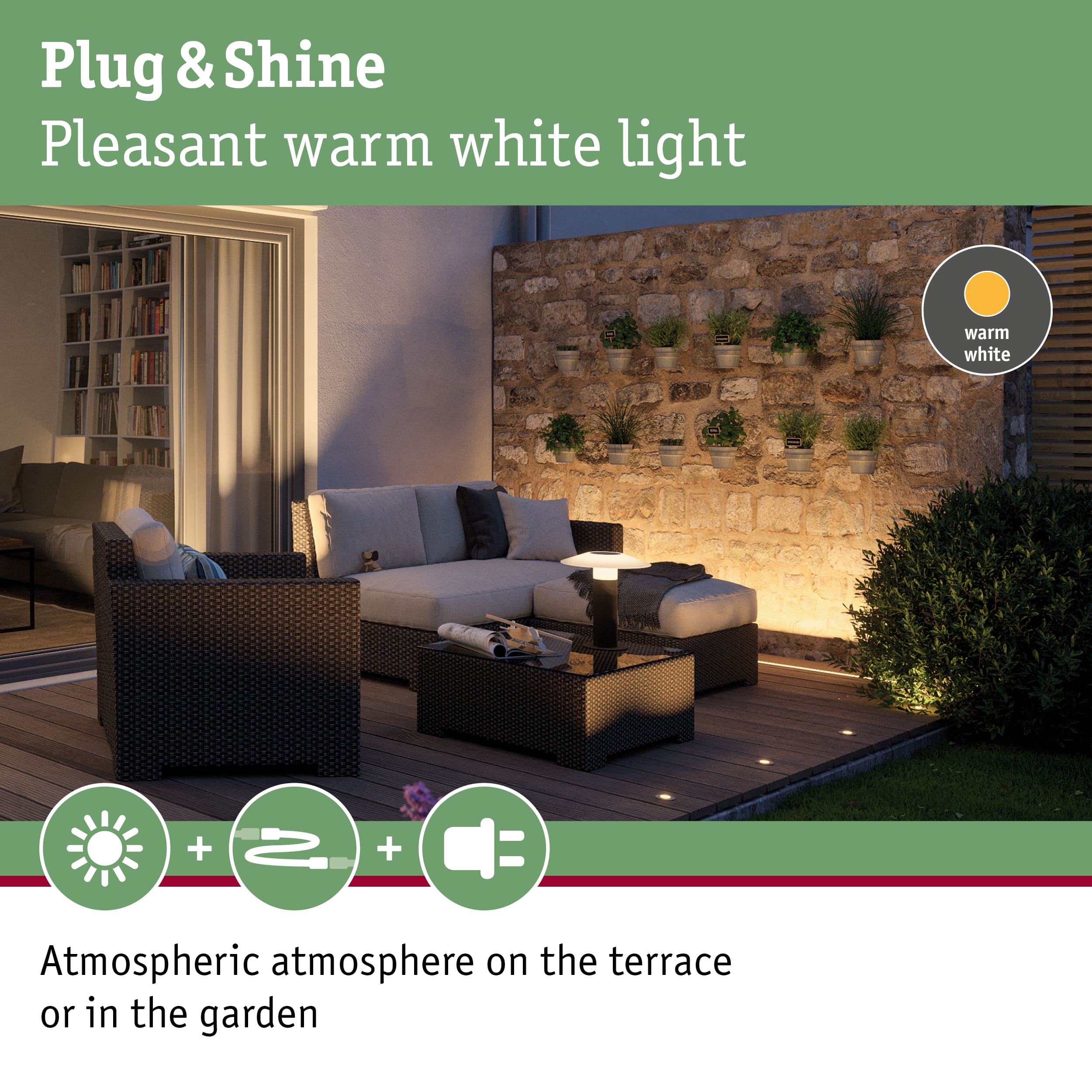 Cozy terrace illuminated by warm white Plug & Shine LED light for atmospheric garden lighting