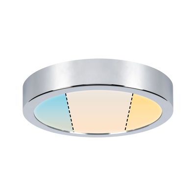 Round ceiling light with chrome metal frame and adjustable color temperature from cool to warm.