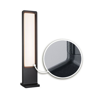 Sort LED-gulvlampe med rektangulært lysfelt og nærbillede af struktureret overflade