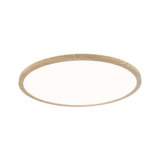 Round ceiling light with bright diffuser and natural wood frame for modern home lighting