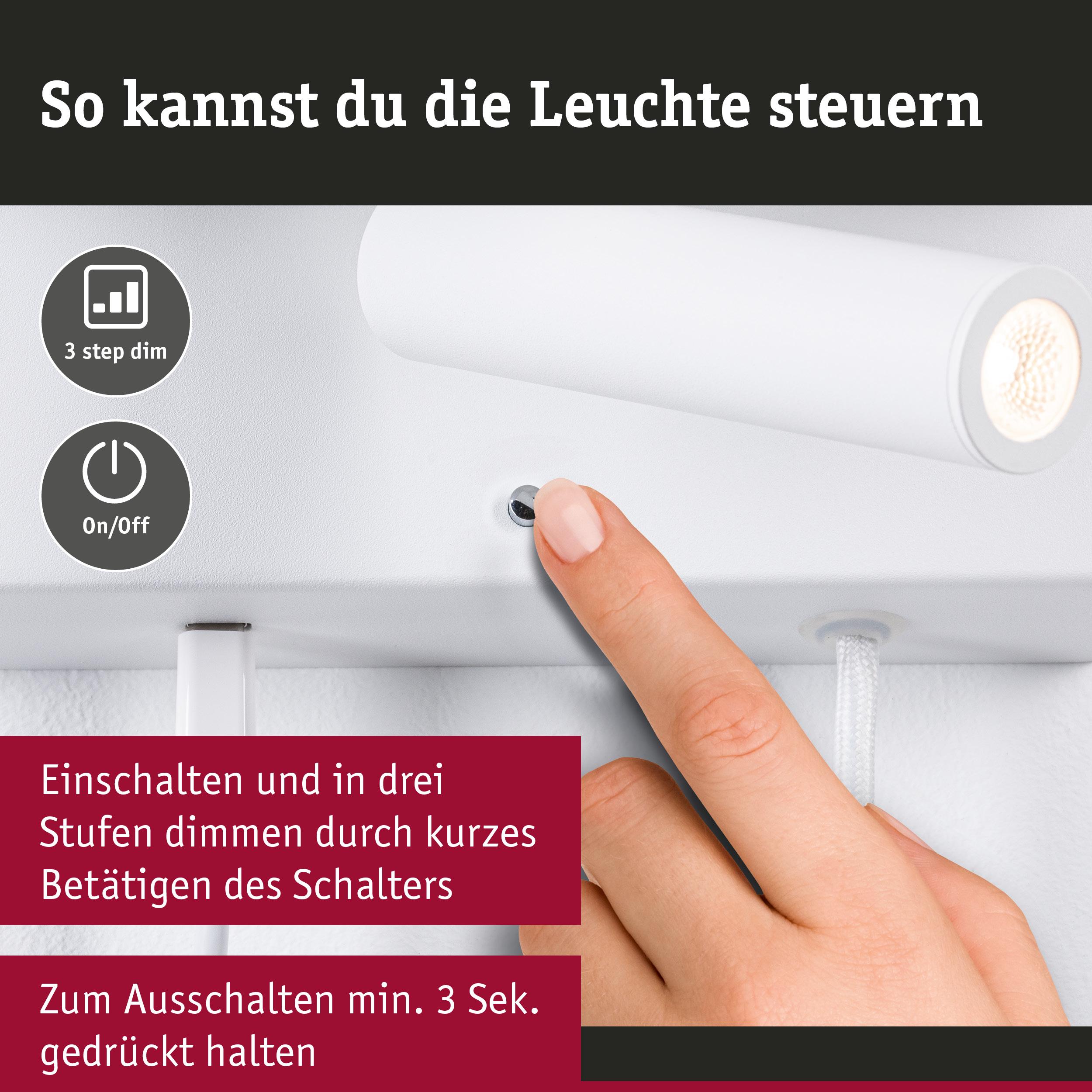Weißer LED-Wandstrahler mit Ein-/Ausschalter und dreistufiger Dimmfunktion für flexible Beleuchtung