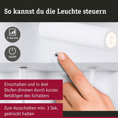 Weißer LED-Wandstrahler mit Ein-/Ausschalter und dreistufiger Dimmfunktion für flexible Beleuchtung