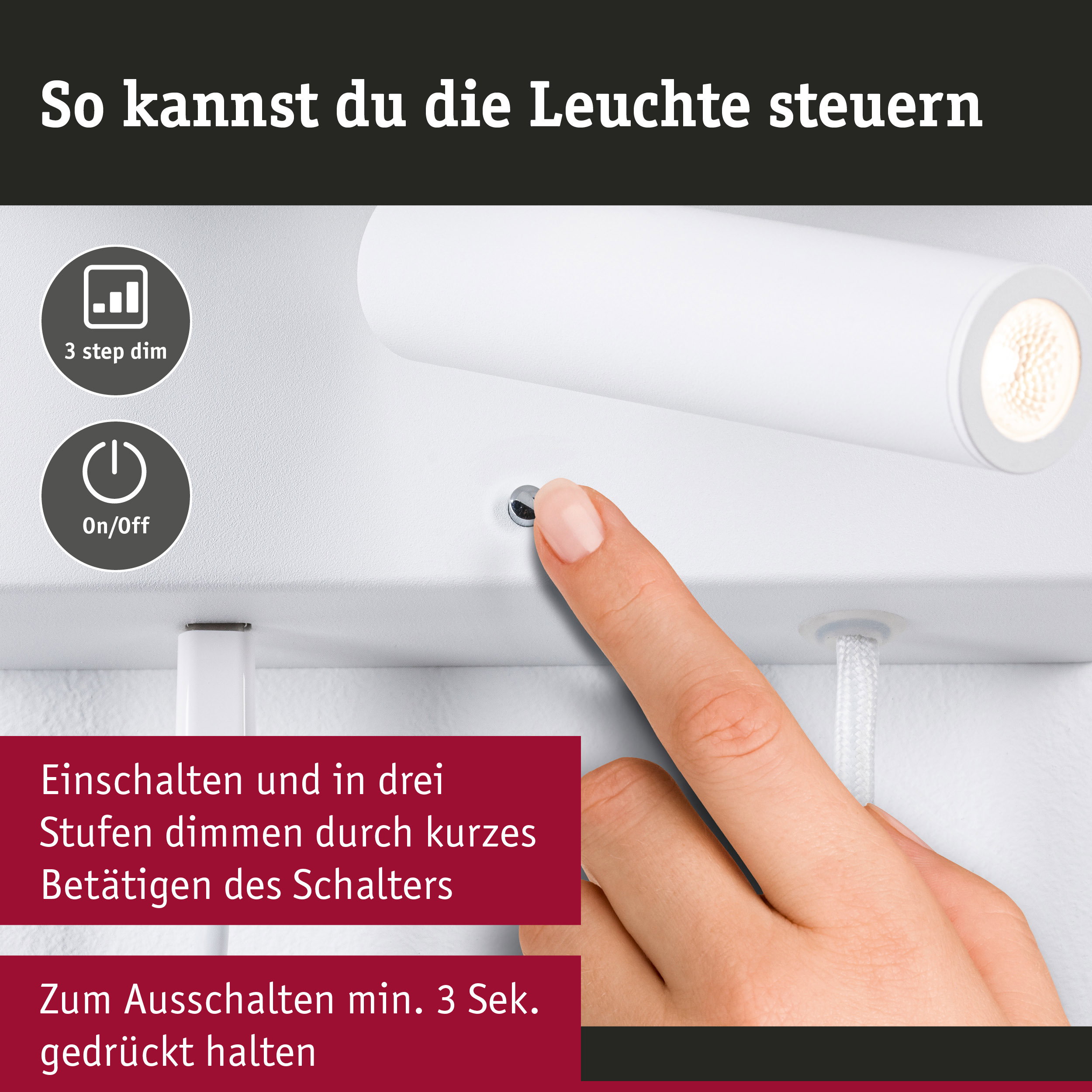 Weißer LED-Wandstrahler mit 3-Stufen-Dimmung und On-Off-Taster für einfache Lichtsteuerung