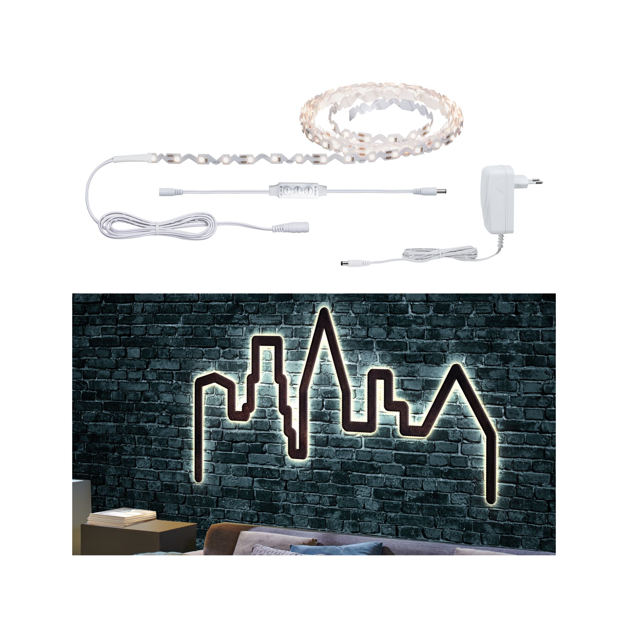 FlexLED LED Strip 3D 3m 8W 320lm/m 60 LEDs/m 3000K 12VA Witte LED-strip met afstandsbediening en adapter, decoratieve skyline wandverlichting voor interieur