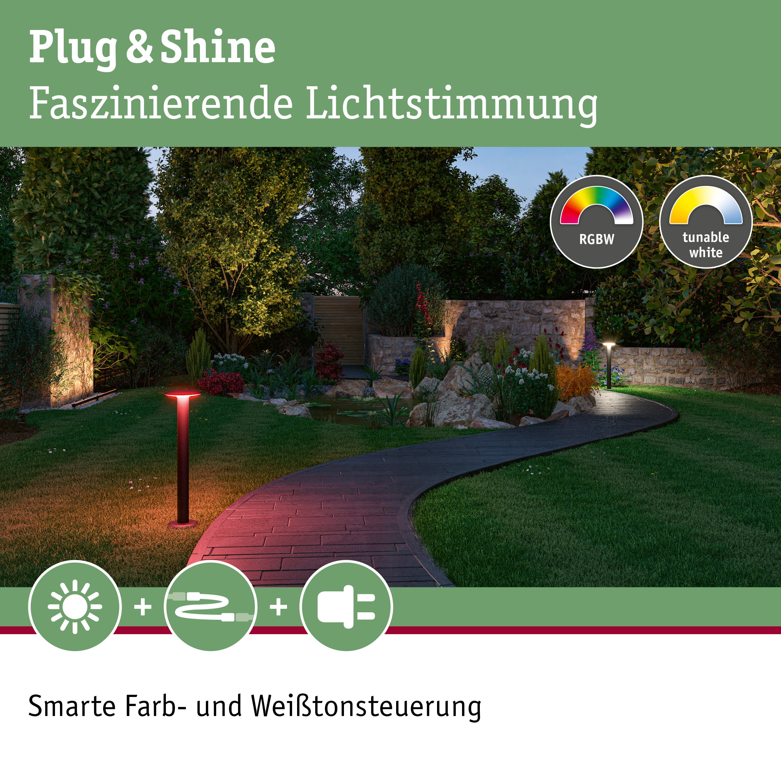 Gartenweg mit Plug & Shine LED-Außenleuchten in RGBW und einstellbarem Weißton für stimmungsvolle Beleuchtung