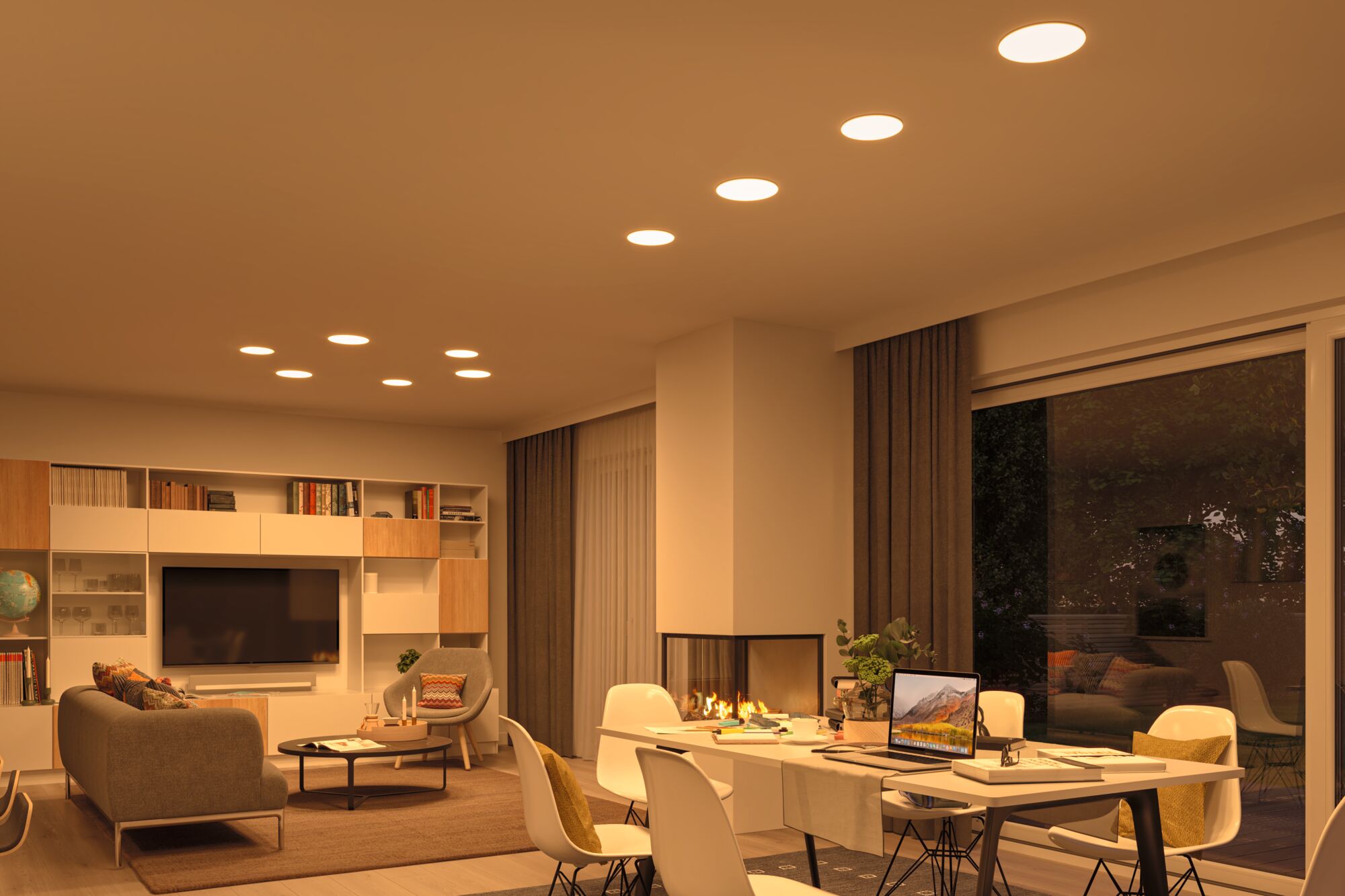 Modern living room with warm white LED recessed lights in ceiling and cozy furniture setup.