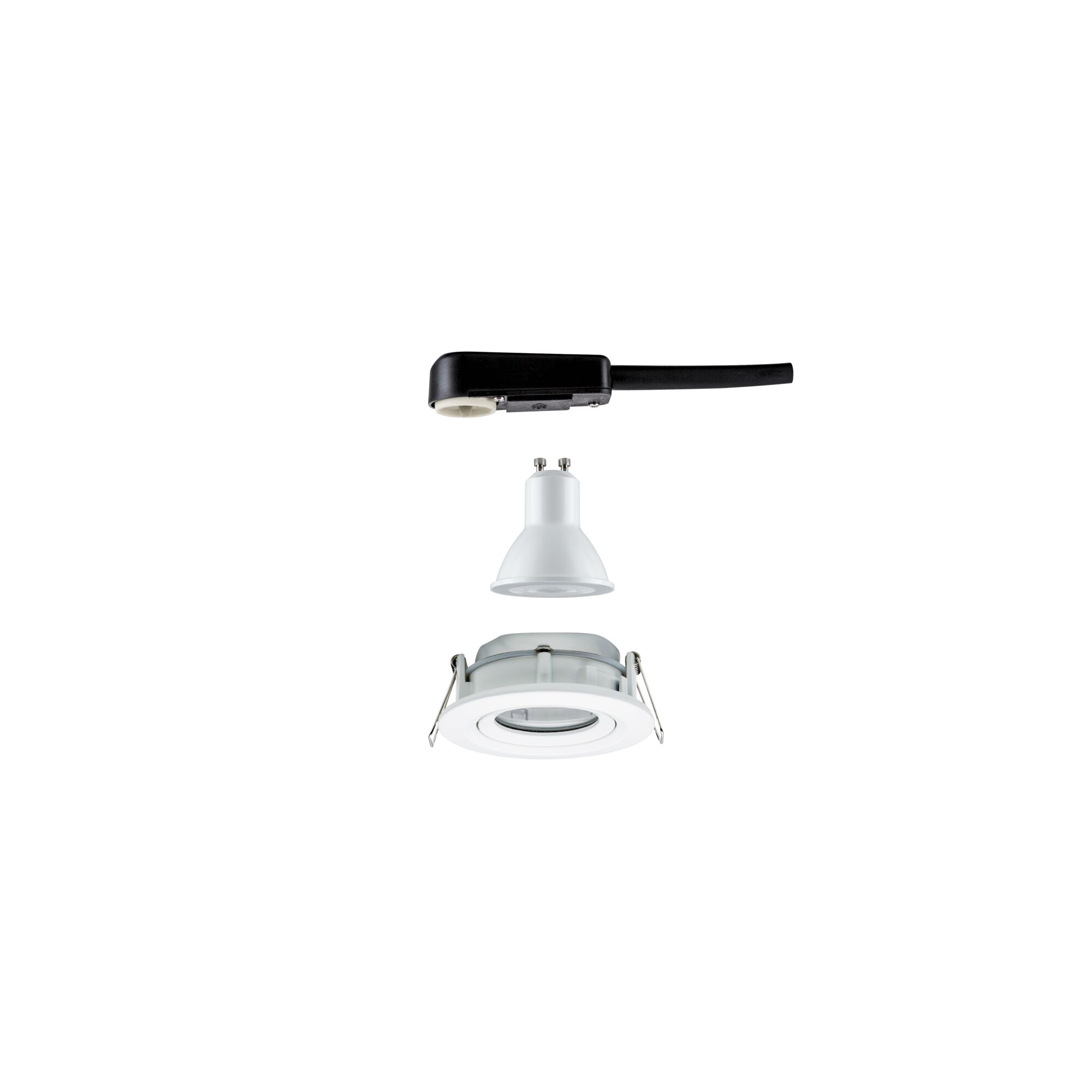 Exploded view of white LED recessed spotlight set with GU10 bulb and black cable connector