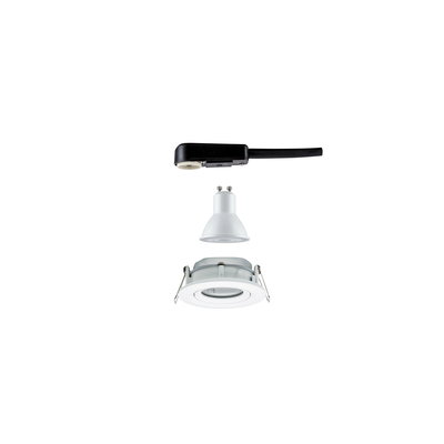 Exploded view of white LED recessed spotlight set with GU10 bulb and black cable connector