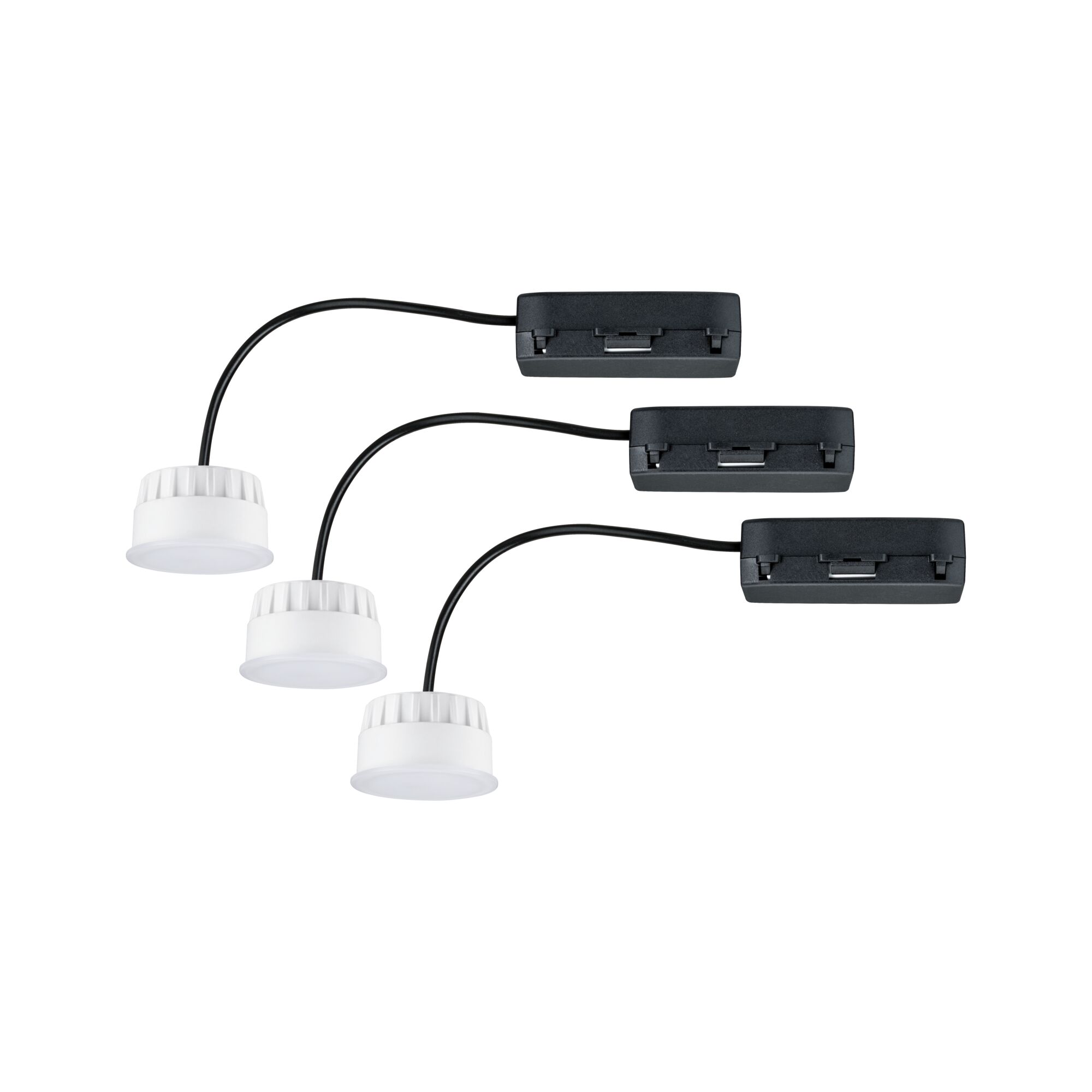 Three white LED furniture lights with black cable and connector box for modern lighting accents