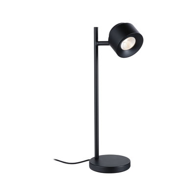 Black metal LED desk lamp with round base and adjustable spotlight for modern lighting solutions