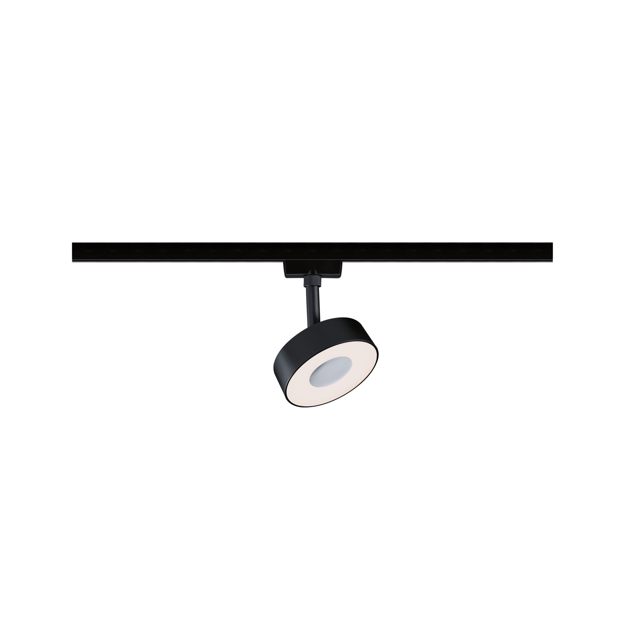 Schwarzer LED-Spot mit rundem Design an Schienensystem für moderne Innenbeleuchtung