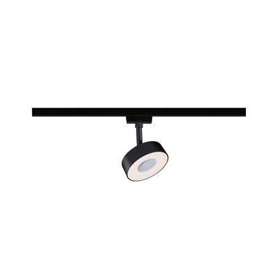Schwarzer LED-Spot mit rundem Design an Schienensystem für moderne Innenbeleuchtung