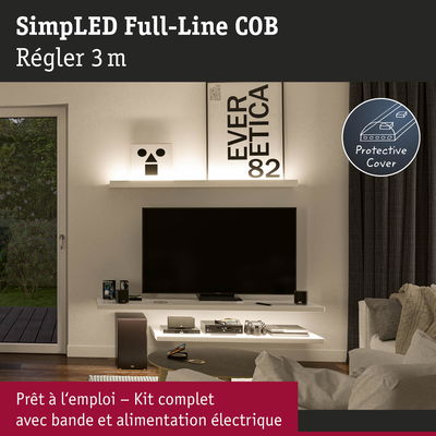 Bande LED SimpLED Full-Line COB 3 m avec protection, kit complet avec alimentation pour éclairage intérieur