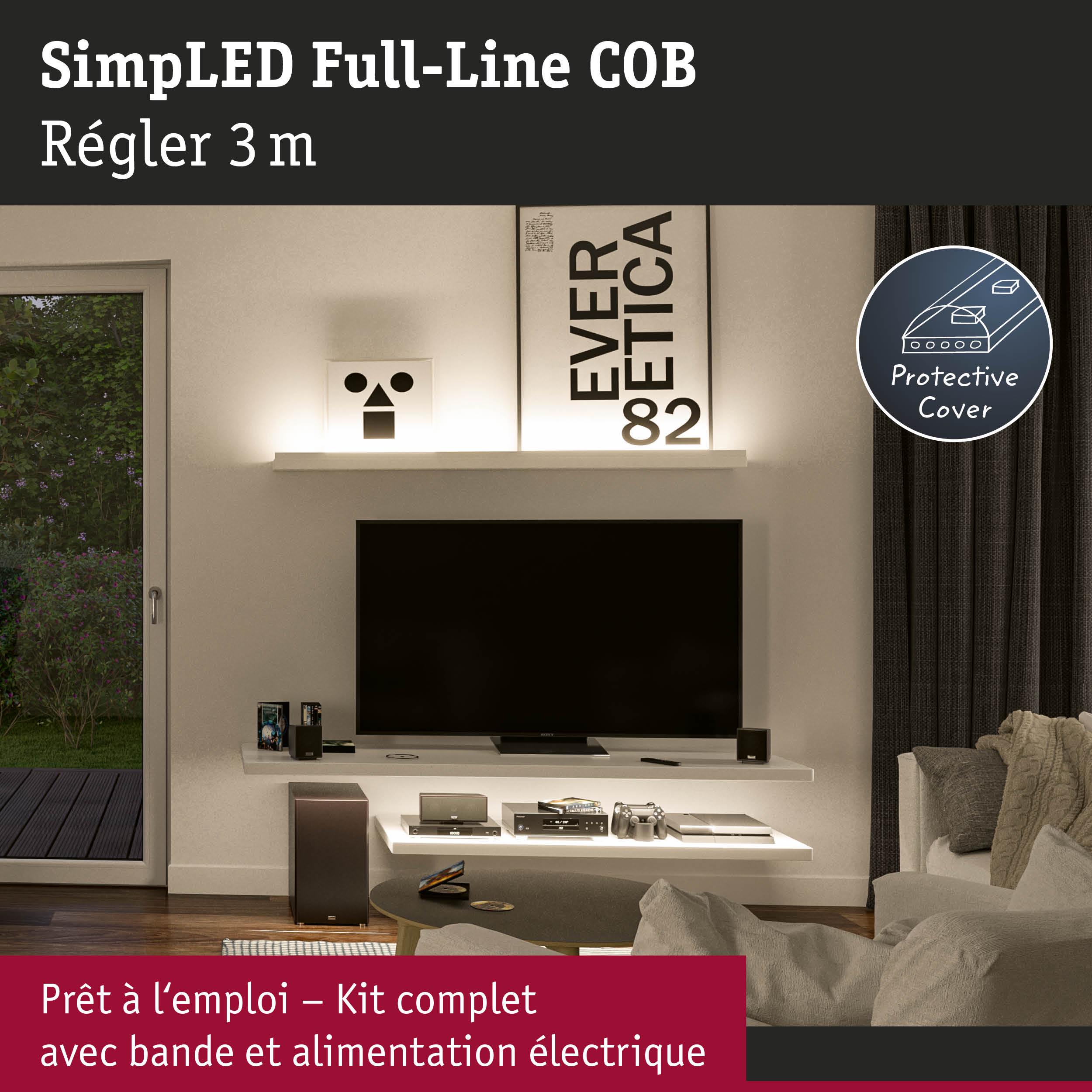 Bande LED SimpLED Full-Line COB 3 m avec protection, kit complet avec alimentation pour éclairage intérieur