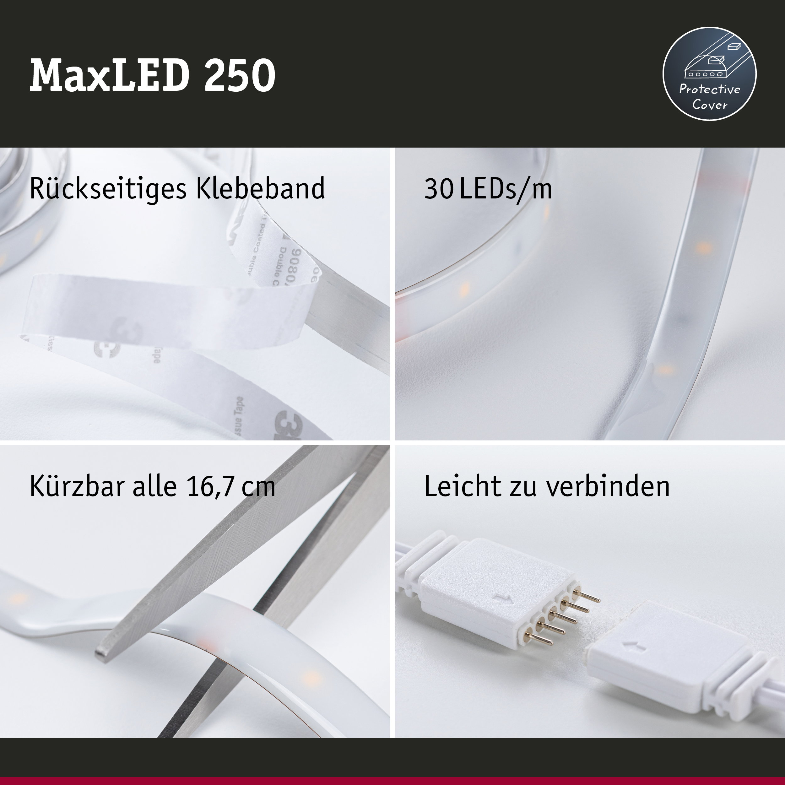 MaxLED 250 LED-Lichtband mit rückseitigem Klebeband, schneidbar alle 16,7 cm, weißes flexibles LED-Band
