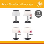 Solar-powered dimmable table lamp with white shade and black base in three brightness levels