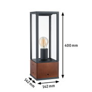 Moderne Tischlampe aus Holz und schwarzem Metall mit klarer Glühbirne und Maßen 400x142 mm