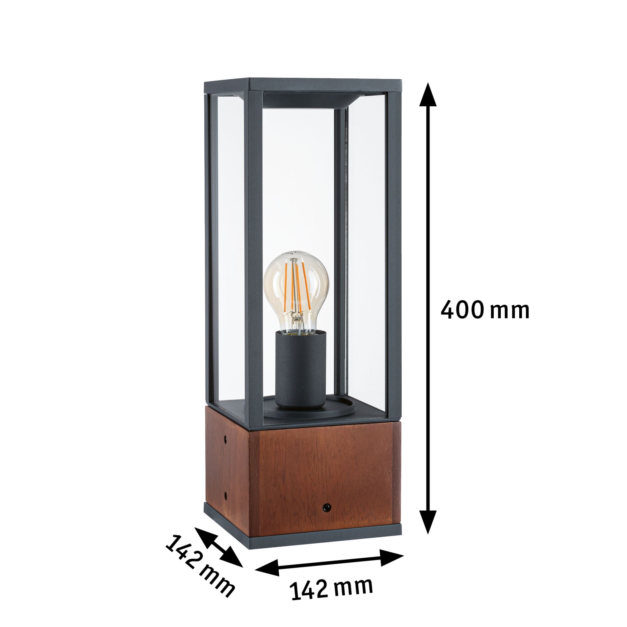 Moderne Tischlampe aus Holz und schwarzem Metall mit klarer Glühbirne und Maßen 400x142 mm