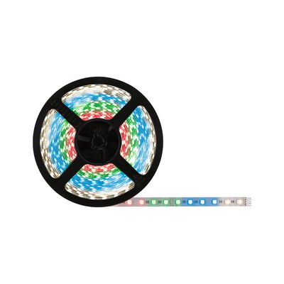 Farverig LED-strip på sort rulle med røde, grønne, blå og hvide LED-lys til alsidig belysning