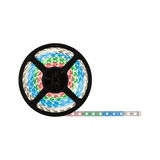 Colorful LED strip on black reel with red, green, blue, and white LEDs for versatile lighting