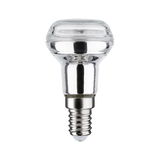 Small reflective LED bulb with E14 base made of clear glass and metal for energy-saving lighting