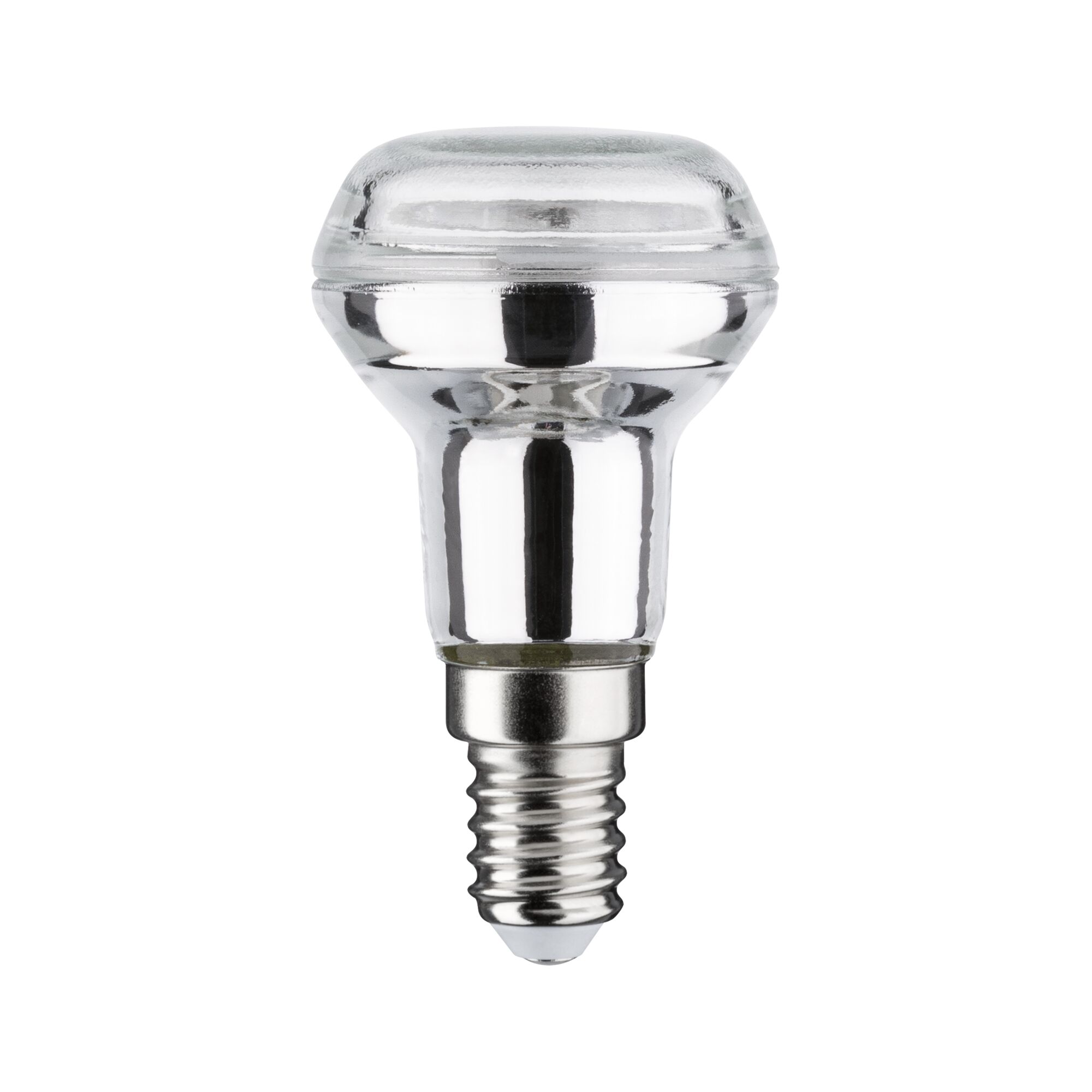 Small reflective LED bulb with E14 base made of clear glass and metal for energy-saving lighting