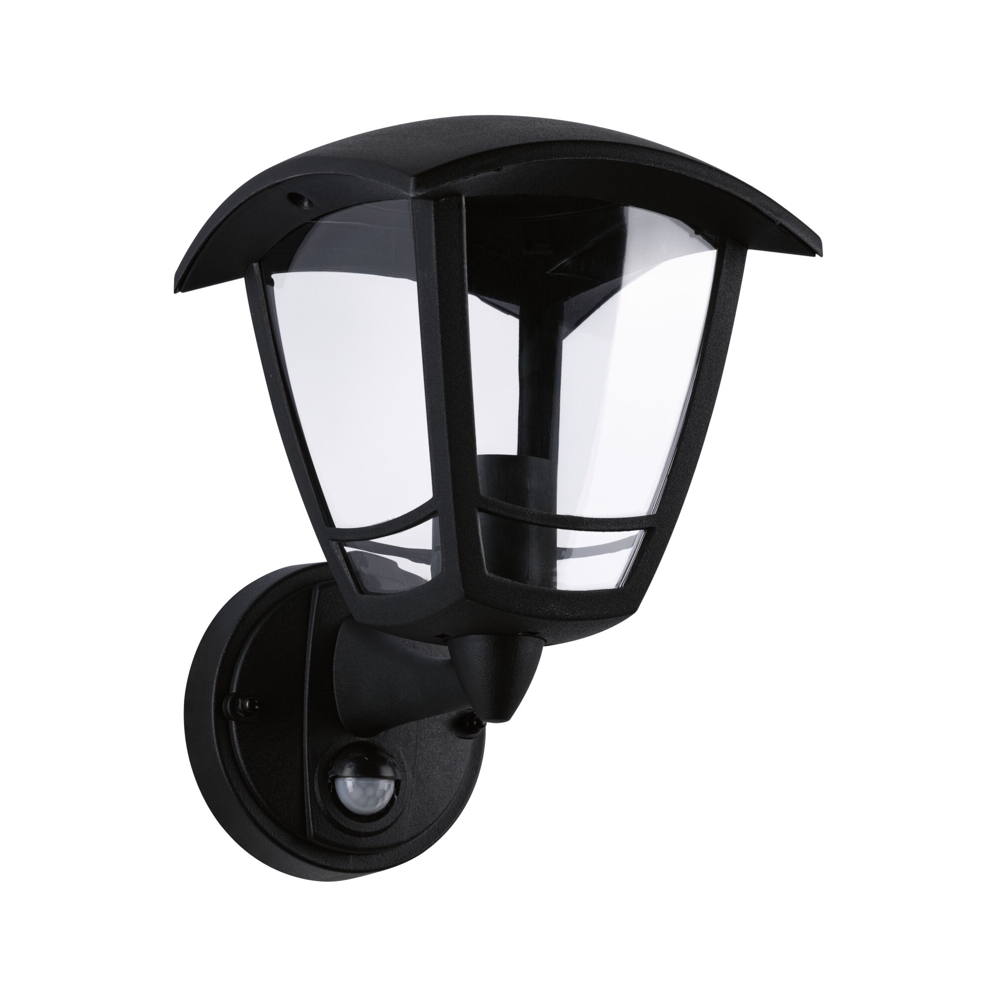 Exterior Wall Luminaire Classic Curved Twilight-controlled motion detector (IR) IP44 angular 164x230mm max. 12W 230V Black Plastic Black outdoor wall light in metal with clear glass and motion sensor for garden lighting
