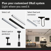 Modular URail track system with black and white rails and connectors for customizable lighting solutions.