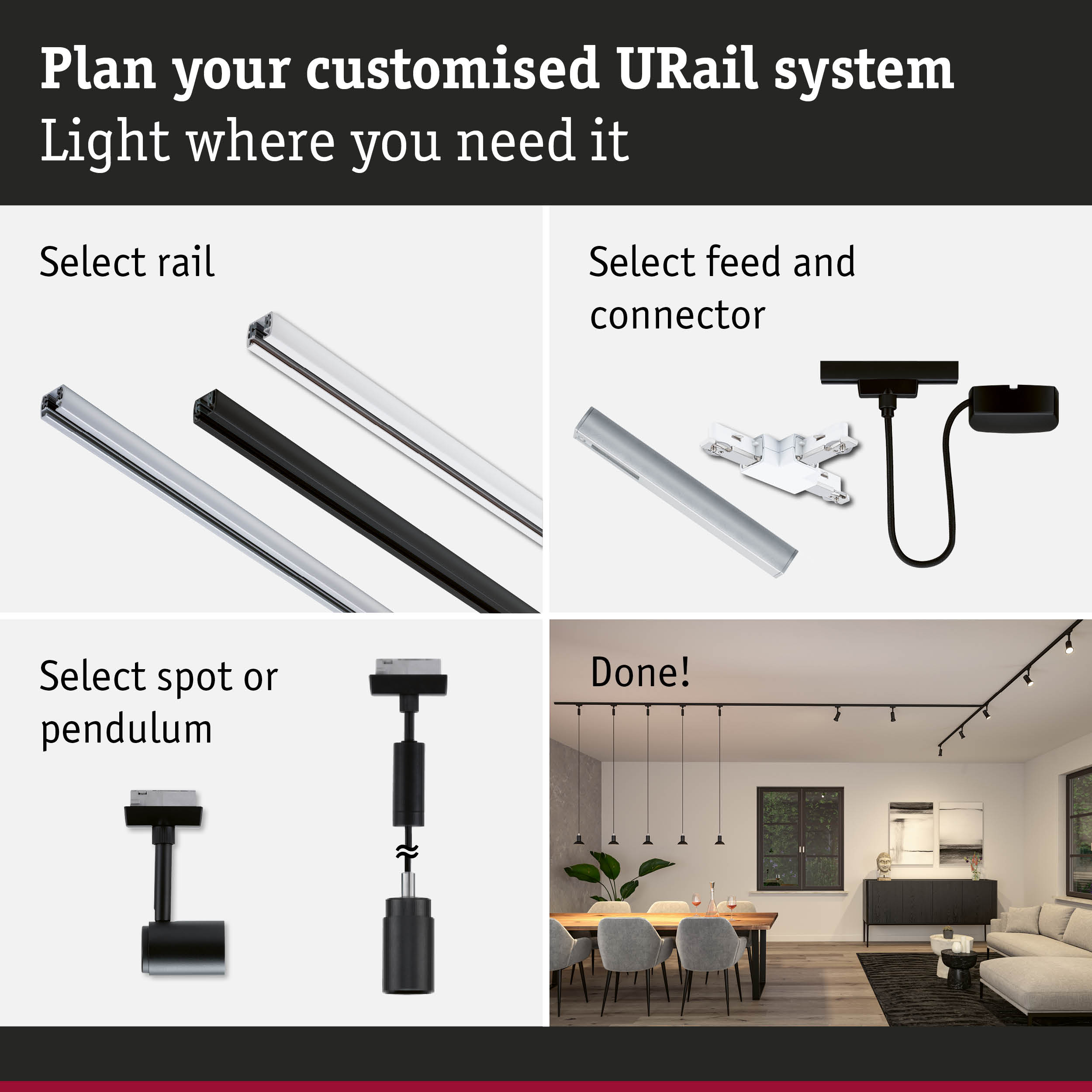 Modular URail track system with black and white rails and connectors for customizable lighting solutions.