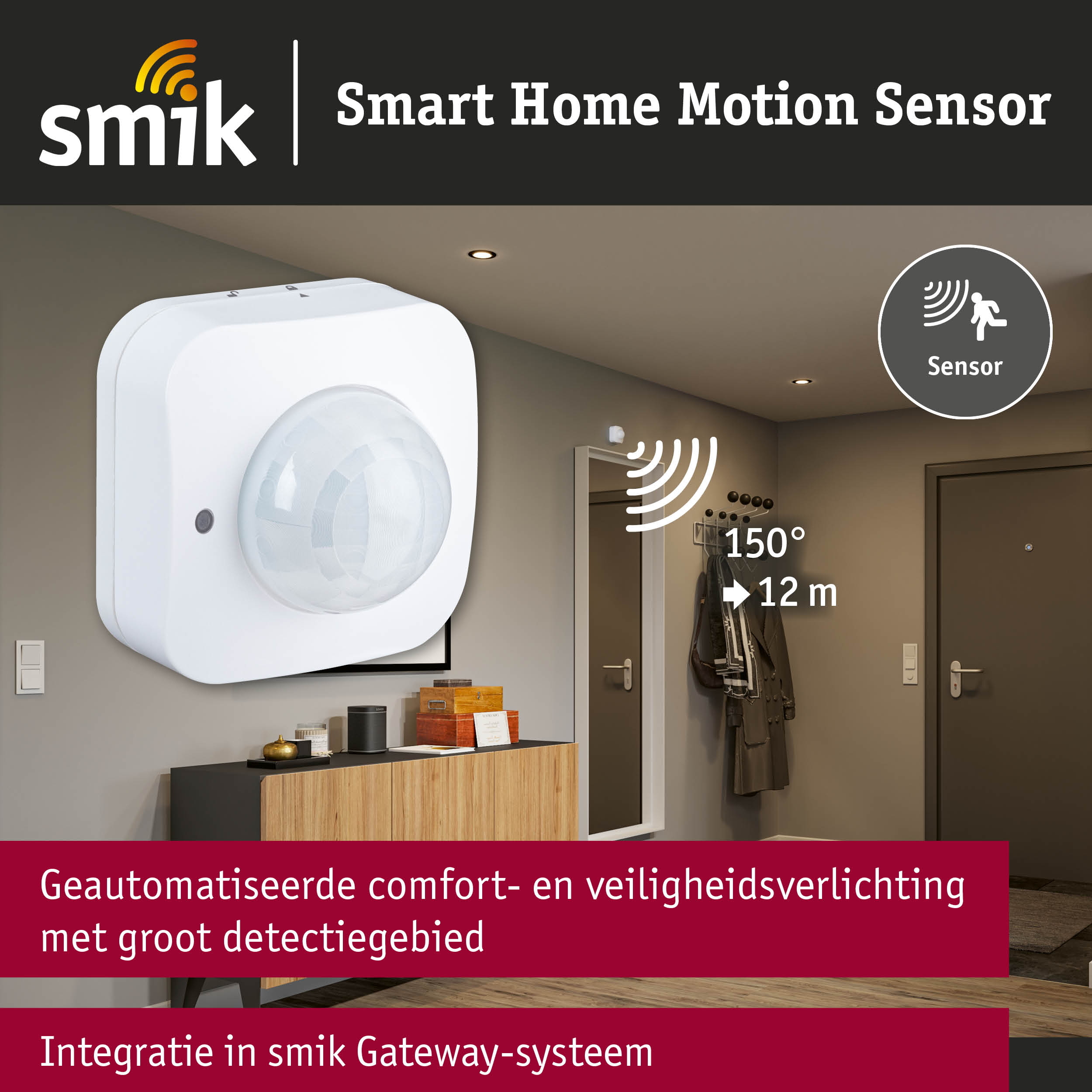 Witte smart home bewegingssensor met detectiehoek van 150° en bereik van 12 m voor beveiligingssystemen