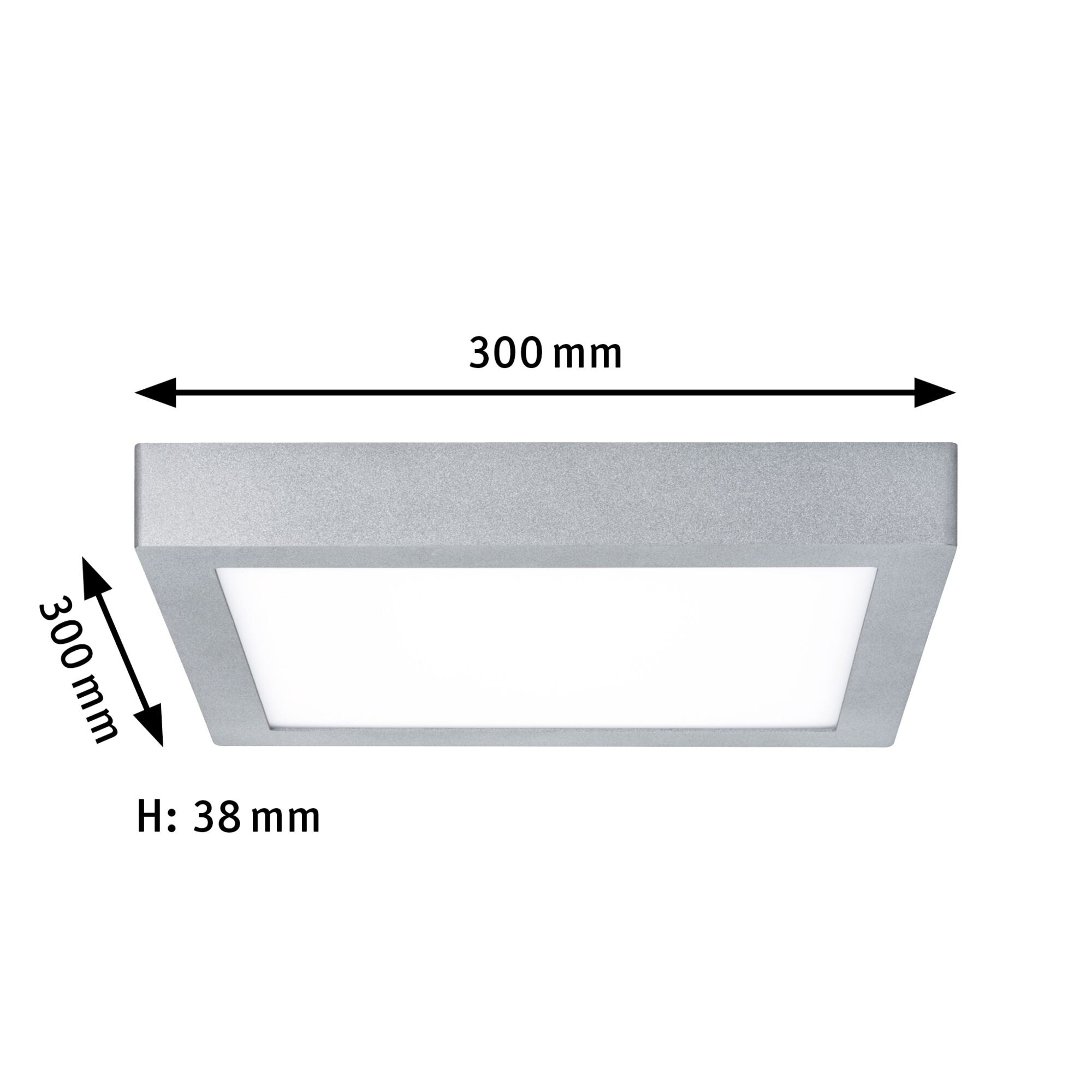 Kwadratowa lampa sufitowa LED z aluminium w kolorze srebrnym o wymiarach 300 mm na 38 mm