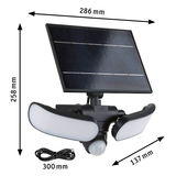 Schwarze Solarbeleuchtung mit zwei weißen LED-Leuchten und Bewegungsmelder, inklusive USB-Ladekabel.
