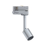 Silver metal LED spotlight with adjustable head for track lighting, modern indoor lighting solution