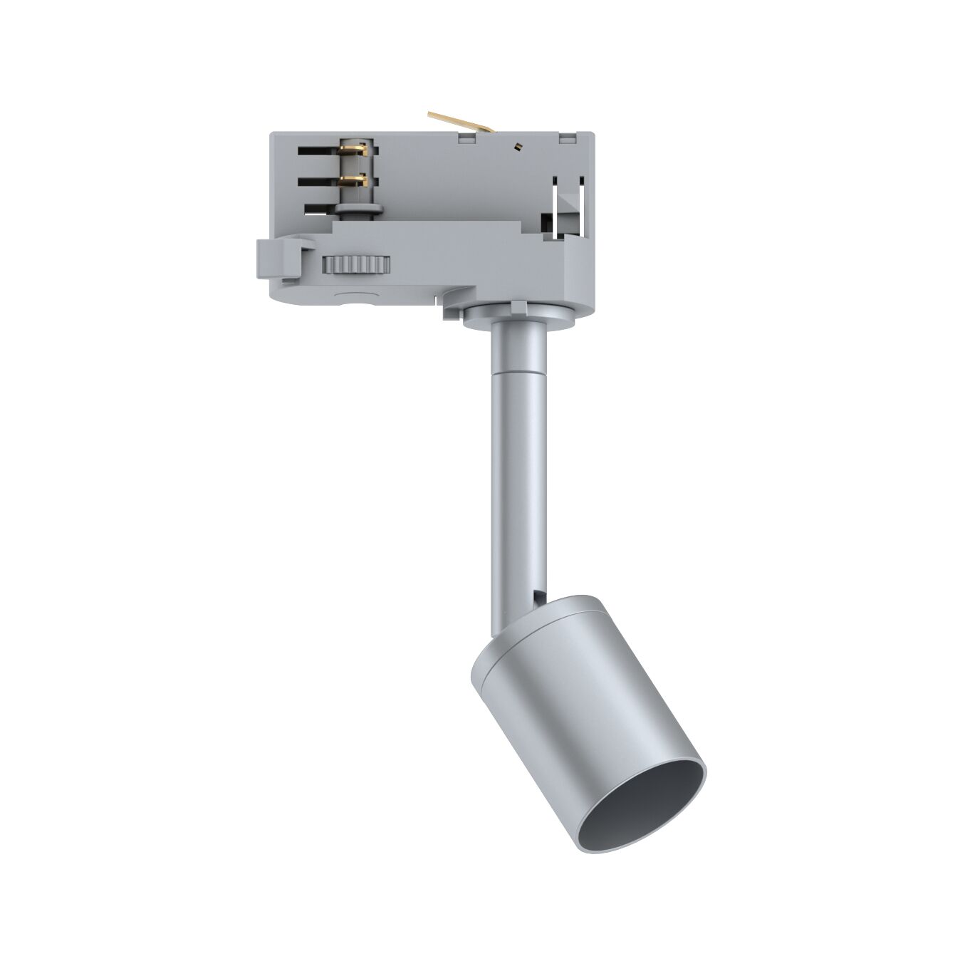 Spot LED en métal argenté avec tête réglable pour système sur rail, éclairage intérieur moderne