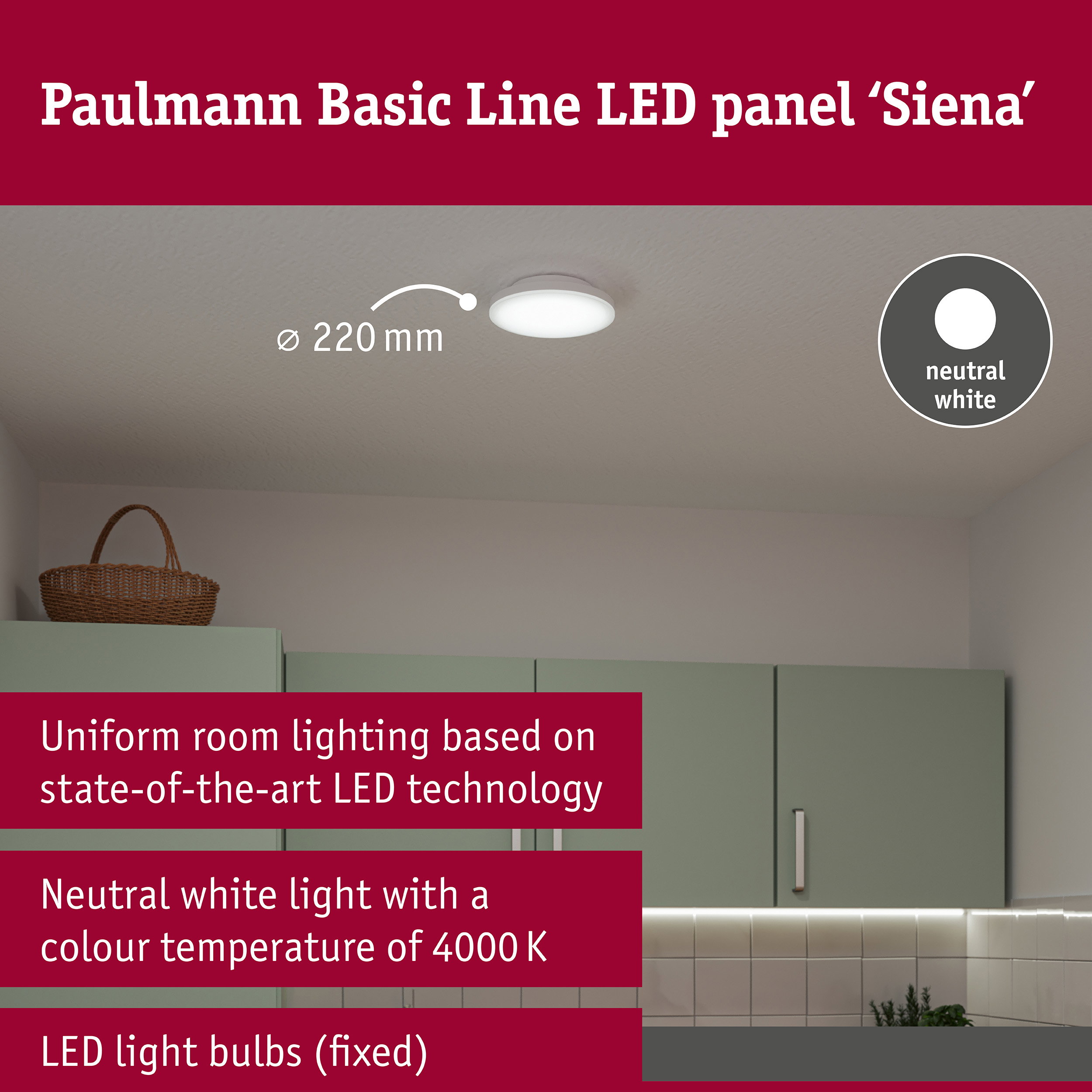 LED Ceiling light Siena 4000K 220mm 1100lm 230V 12,3W