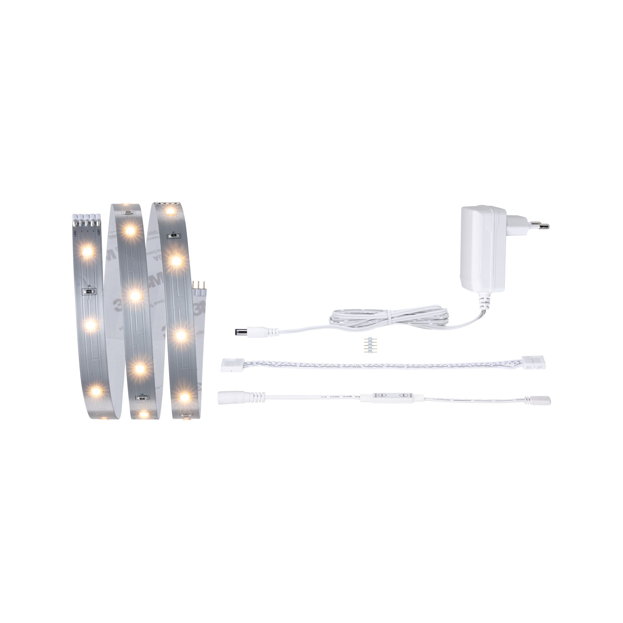LED-strip met warmwitte lampjes, witte adapter en verbindingskabels voor veelzijdige verlichting