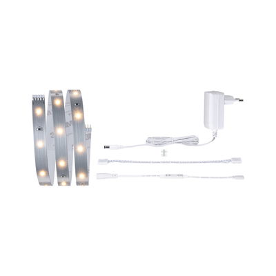 LED-strip met warmwitte lampjes, witte adapter en verbindingskabels voor veelzijdige verlichting